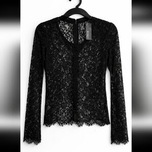 NWT Vintage Allegra K Black Floral Lace Long Sleeve Top With Chocker Sz Small